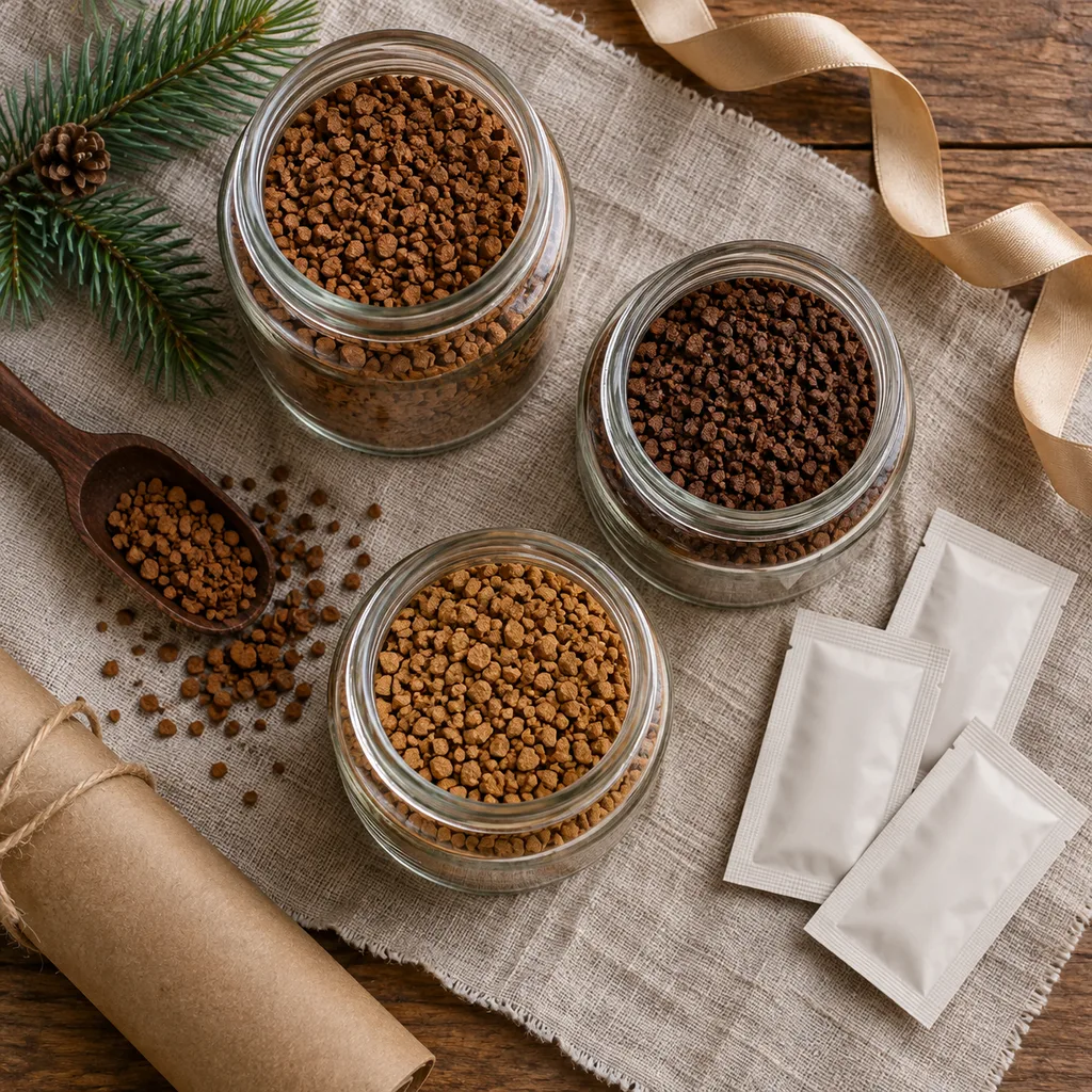 Representative photo-style image of gourmet instant coffee assortment — generated, not a specific product