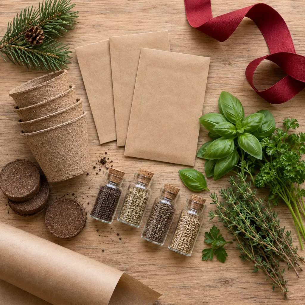 Representative photo-style image of gourmet kitchen herb seed collection — generated, not a specific product