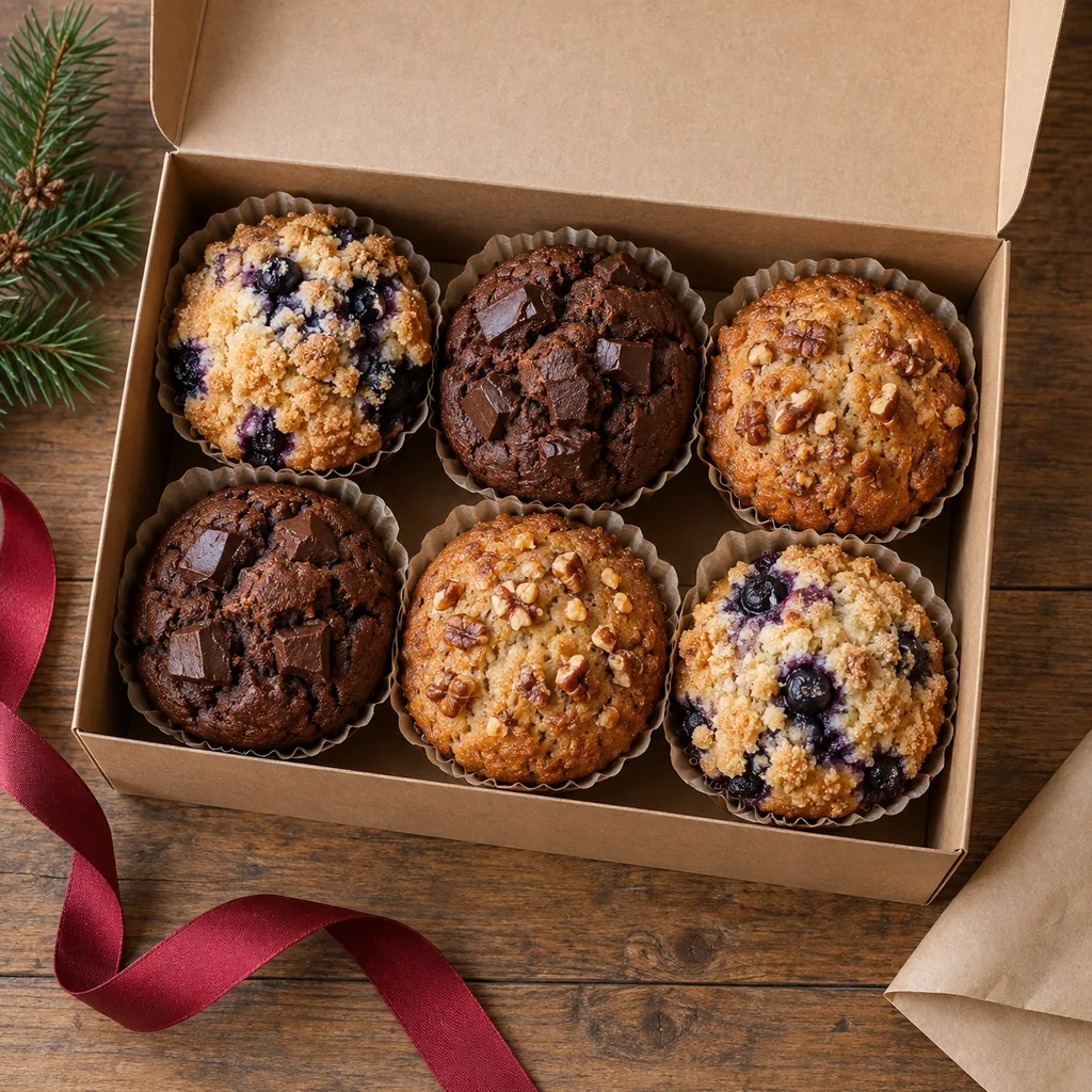 Representative photo-style image of gourmet muffin selection box — generated, not a specific product