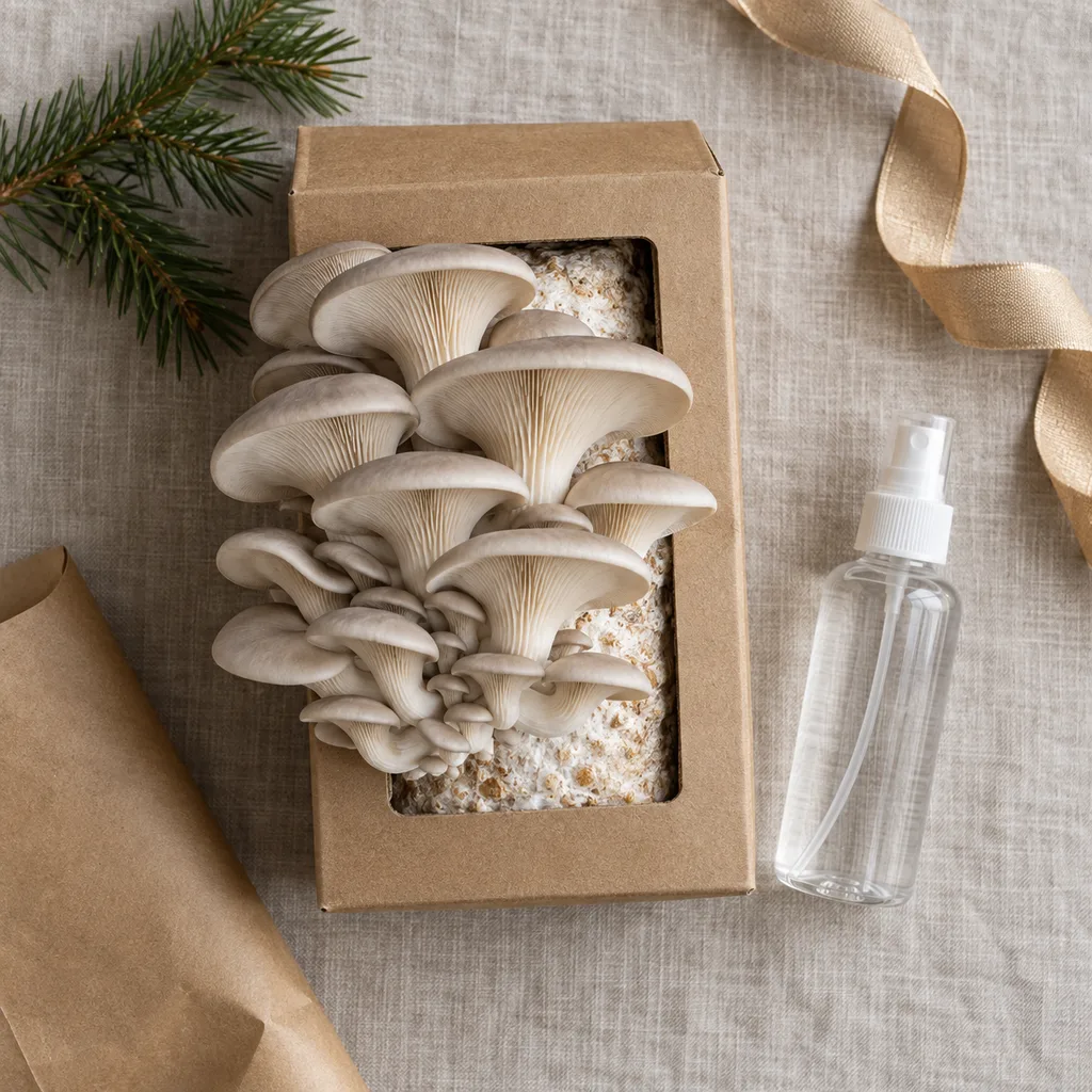 Representative photo-style image of gourmet mushroom cultivation kit — generated, not a specific product