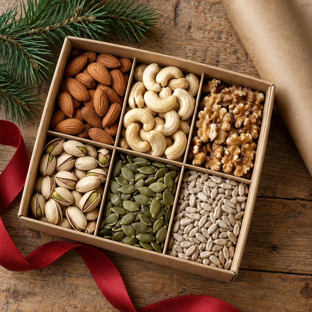 Representative photo-style image of gourmet nut assortment box — generated, not a specific product