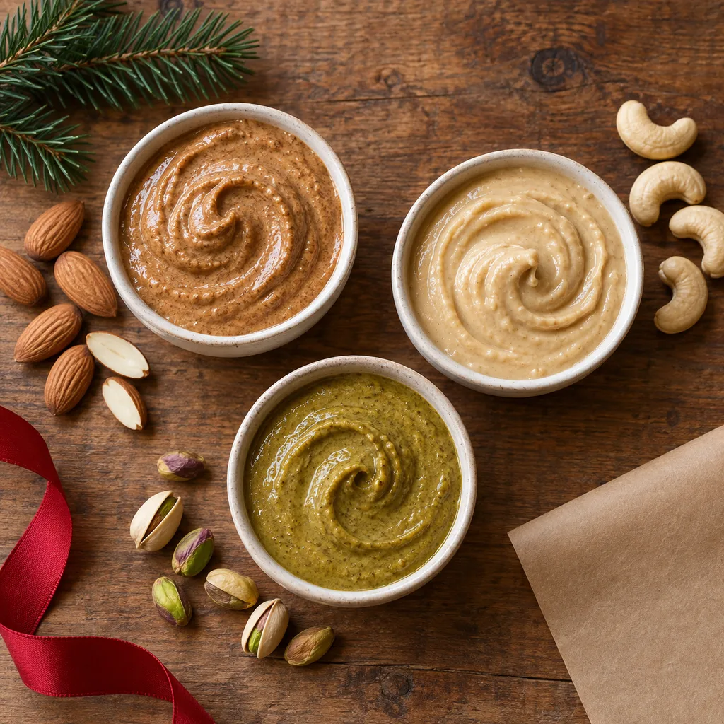 Representative photo-style image of gourmet nut butter selection — generated, not a specific product