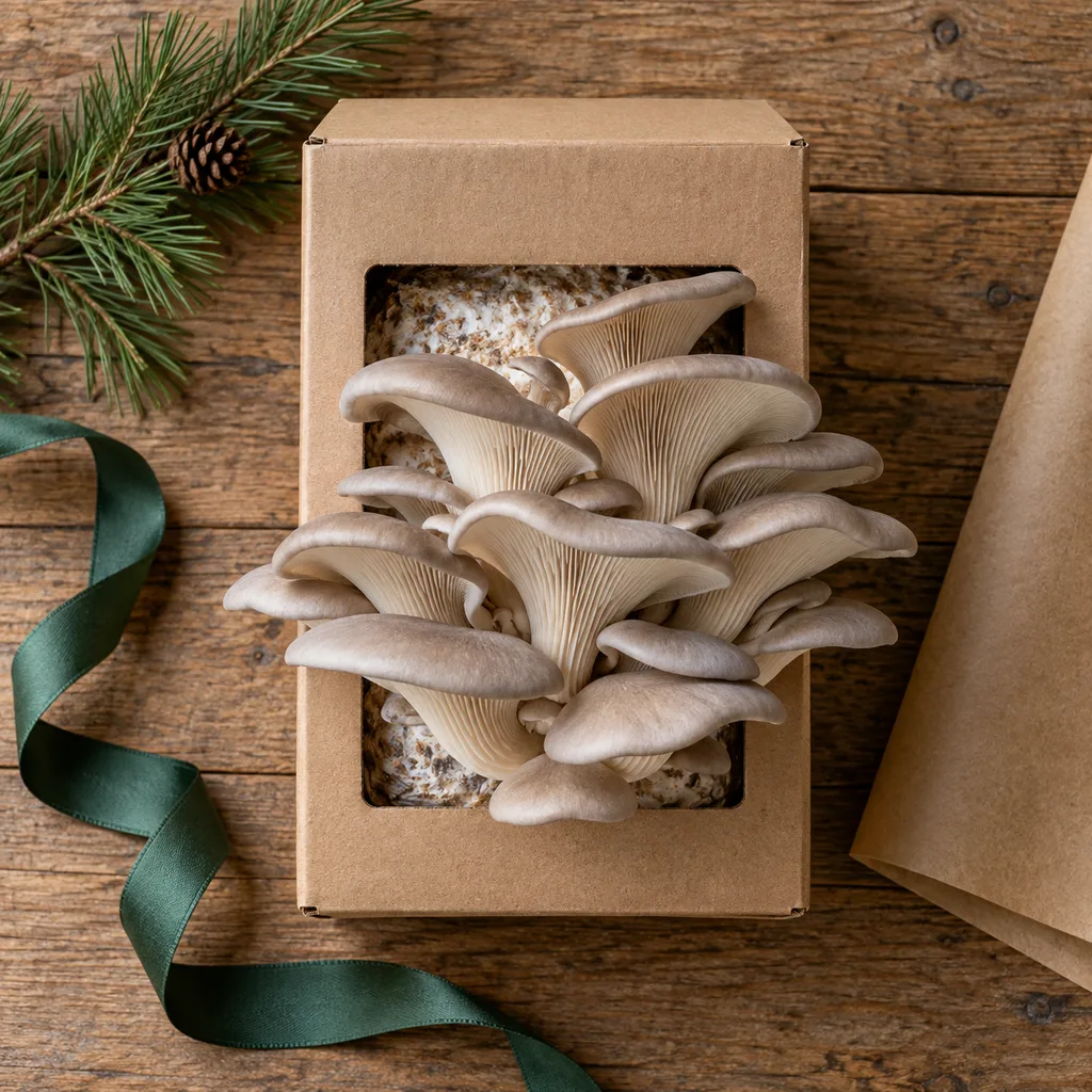 Representative photo-style image of gourmet oyster mushroom growing kit — generated, not a specific product