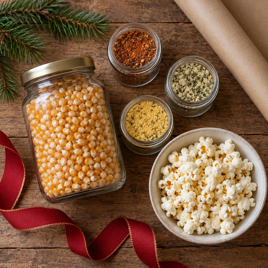 Representative photo-style image of gourmet popcorn kernel and seasoning kit — generated, not a specific product