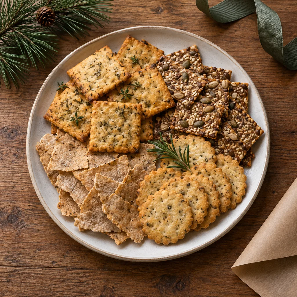 Representative photo-style image of gourmet savory cracker assortment — generated, not a specific product