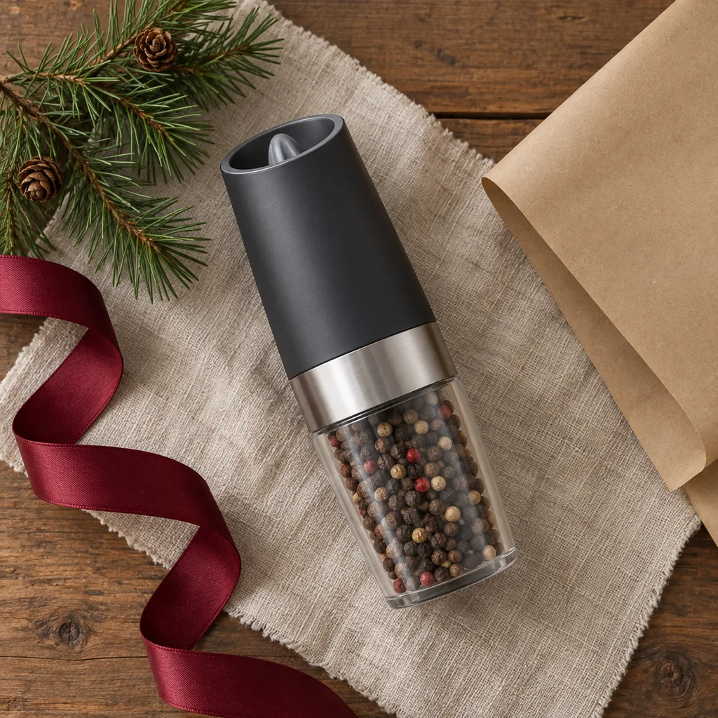 Representative photo-style image of gravity-activated spice grinder — generated, not a specific product