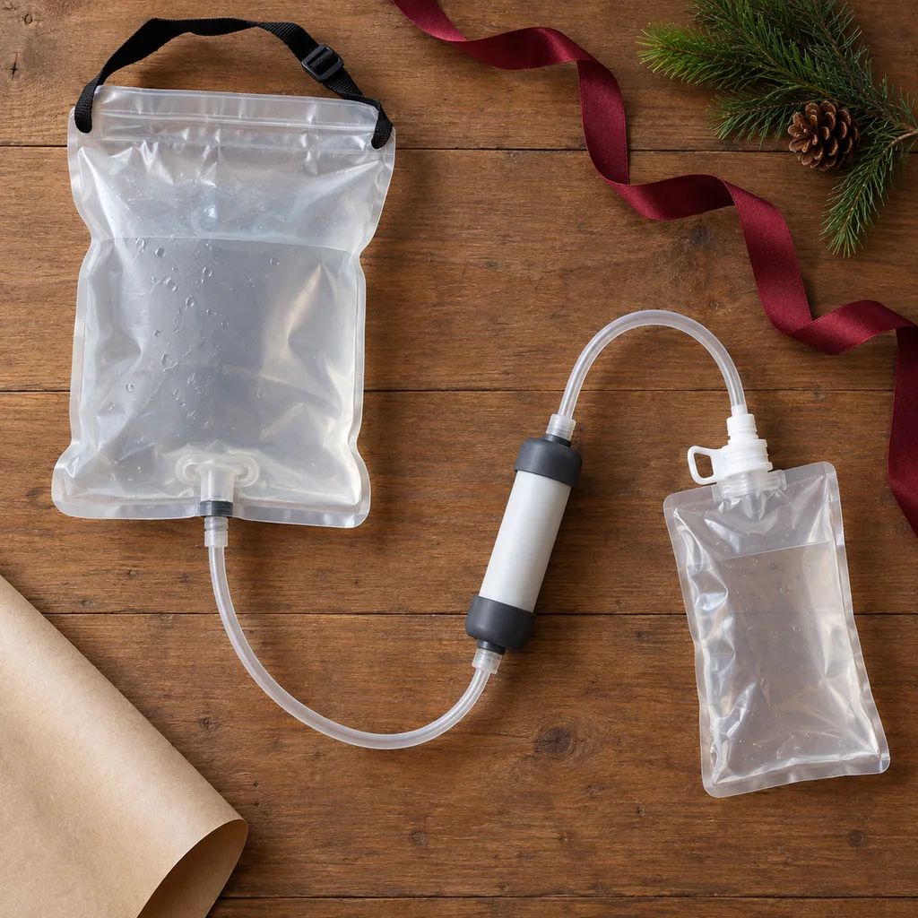 Representative photo-style image of gravity fed water filtration — generated, not a specific product