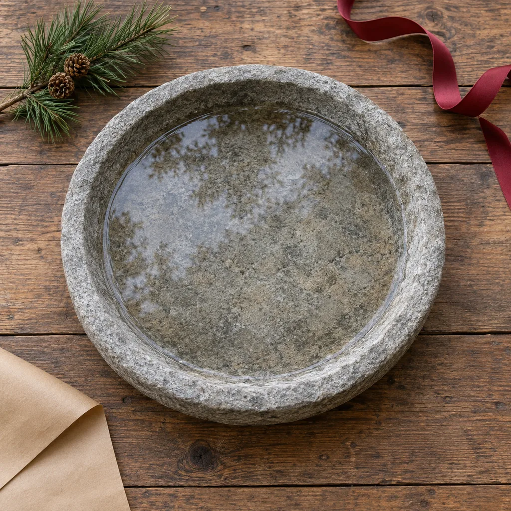 Representative photo-style image of ground level bird bath — generated, not a specific product