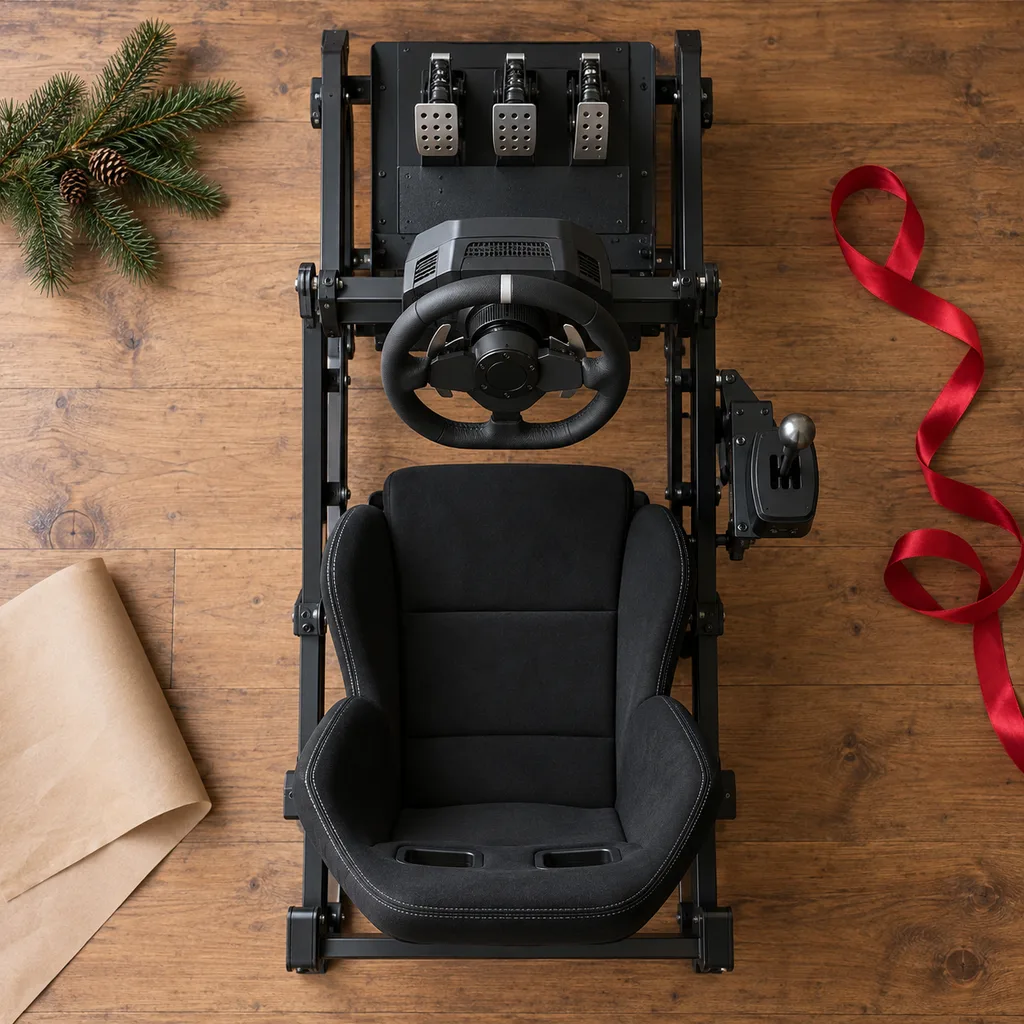 Representative photo-style image of gt style sim racing cockpit — generated, not a specific product