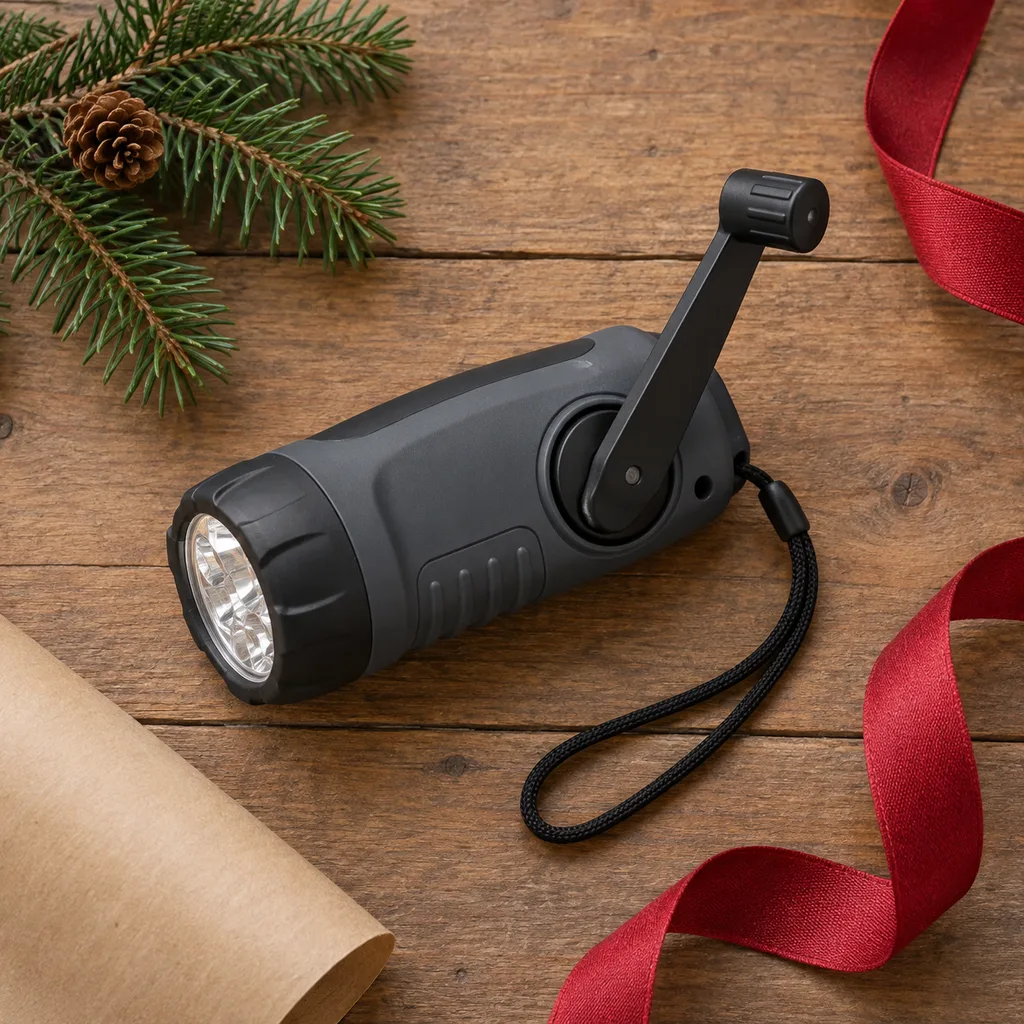 Representative photo-style image of hand-crank emergency flashlight — generated, not a specific product