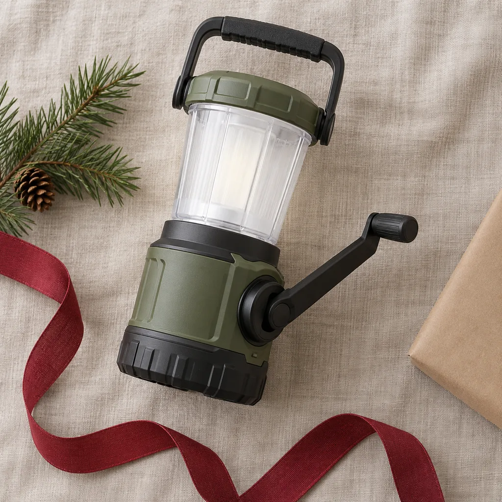 Representative photo-style image of hand-crank emergency lantern — generated, not a specific product