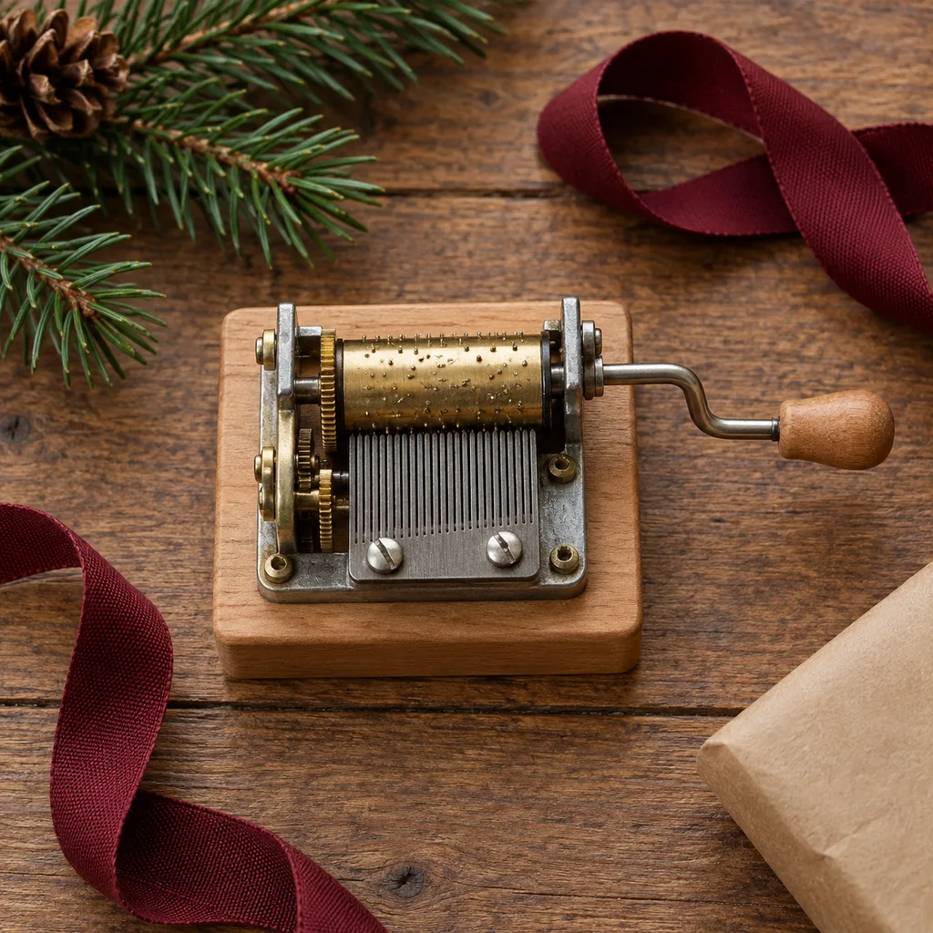 Representative photo-style image of hand-crank music mechanism — generated, not a specific product