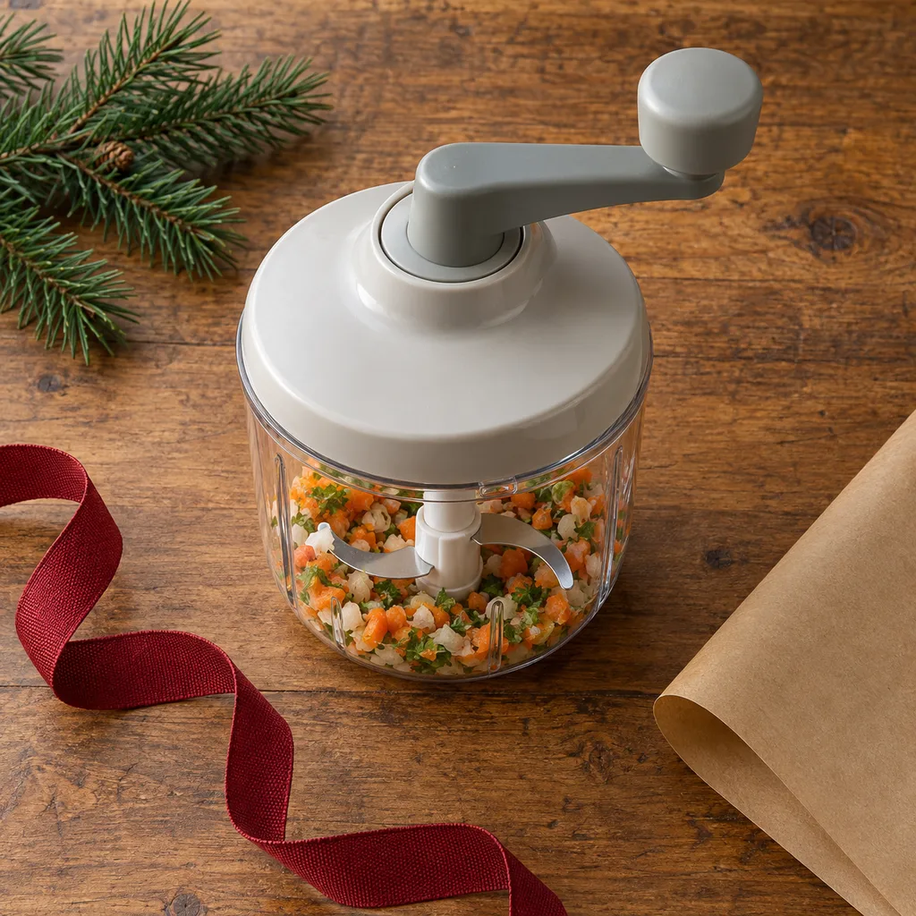 Representative photo-style image of hand-powered vegetable chopper — generated, not a specific product