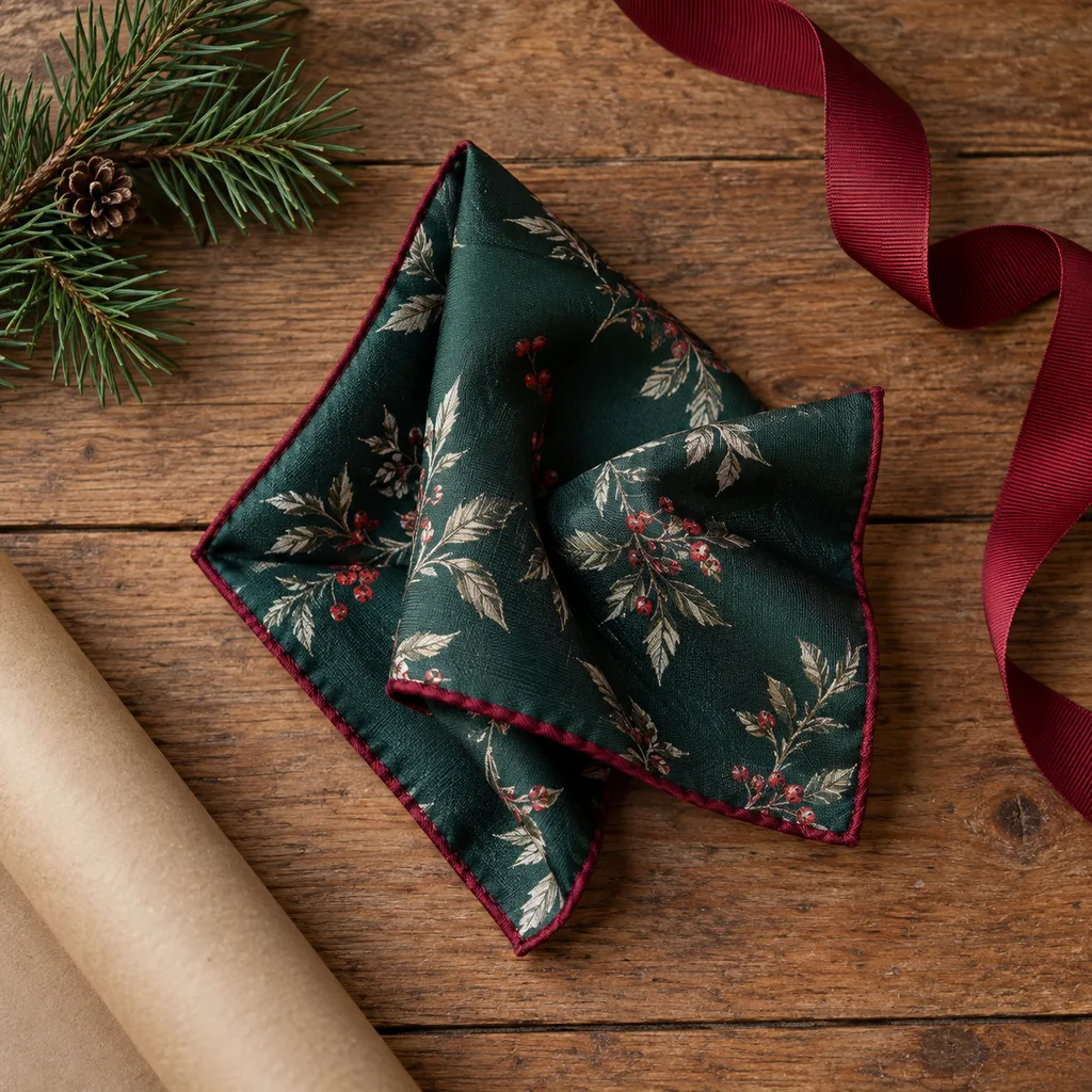 Representative photo-style image of hand-rolled edge pocket square — generated, not a specific product