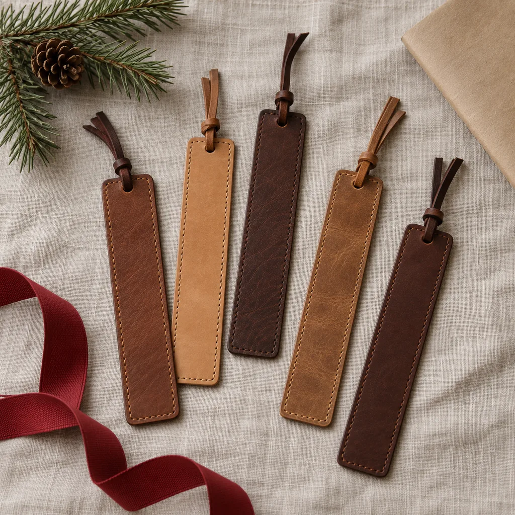 Representative photo-style image of handcrafted leather bookmarks — generated, not a specific product