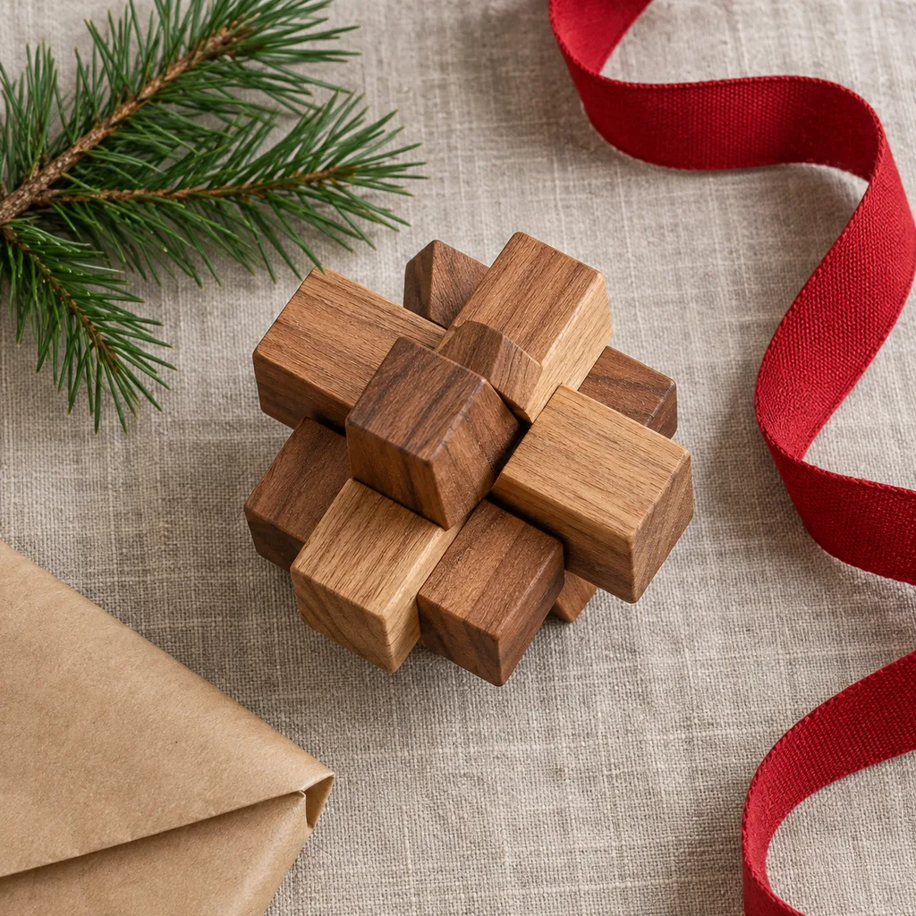 Representative photo-style image of handcrafted wooden interlocking puzzle — generated, not a specific product
