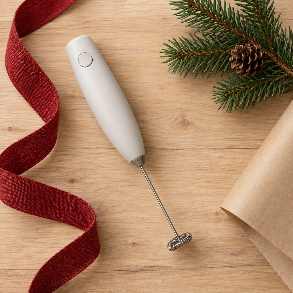 Representative photo-style image of handheld battery-operated milk frother — generated, not a specific product