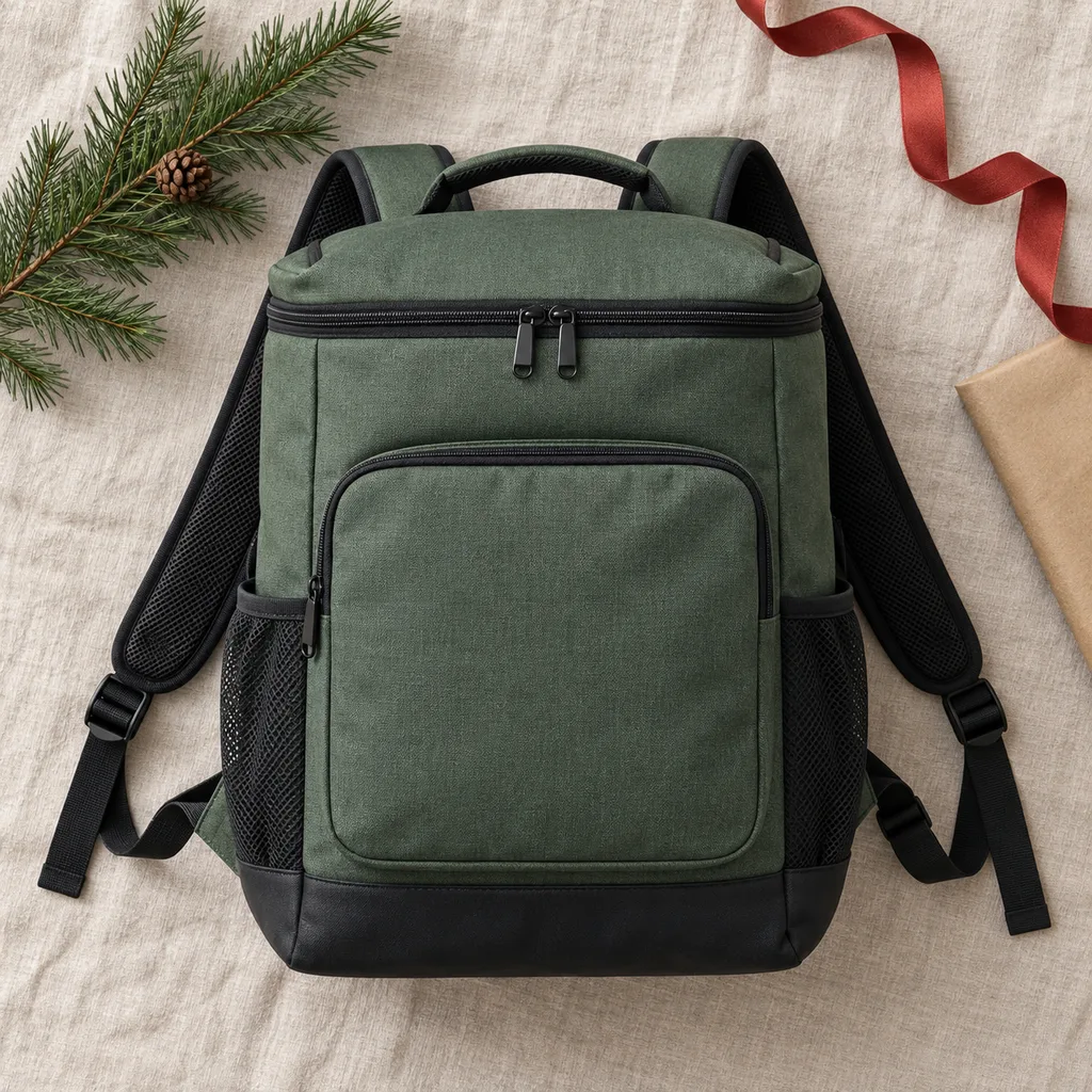 Representative photo-style image of hands-free backpack cooler — generated, not a specific product