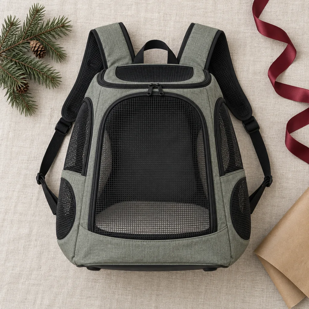 Representative photo-style image of hands-free pet backpack carrier — generated, not a specific product