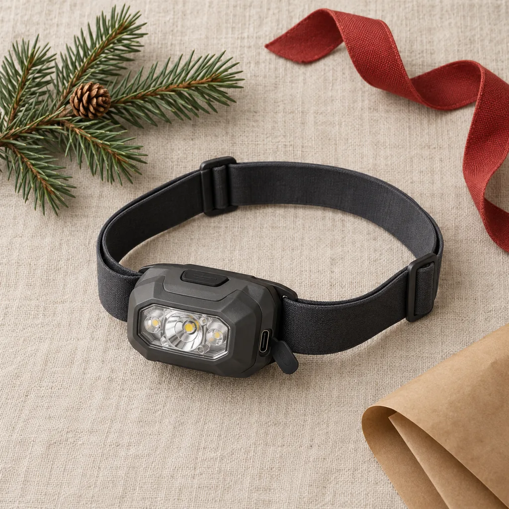 Representative photo-style image of hands-free rechargeable headlamp — generated, not a specific product