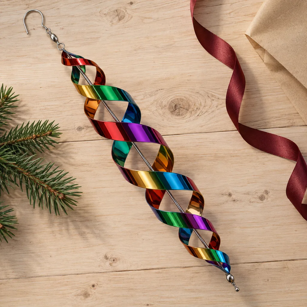 Representative photo-style image of hanging spiral wind twister — generated, not a specific product