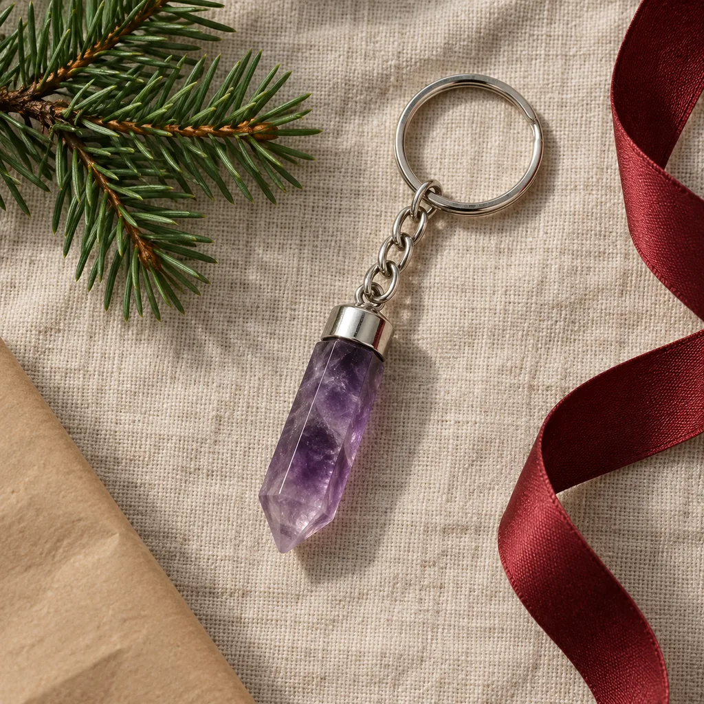 Representative photo-style image of healing crystal gemstone keychain — generated, not a specific product