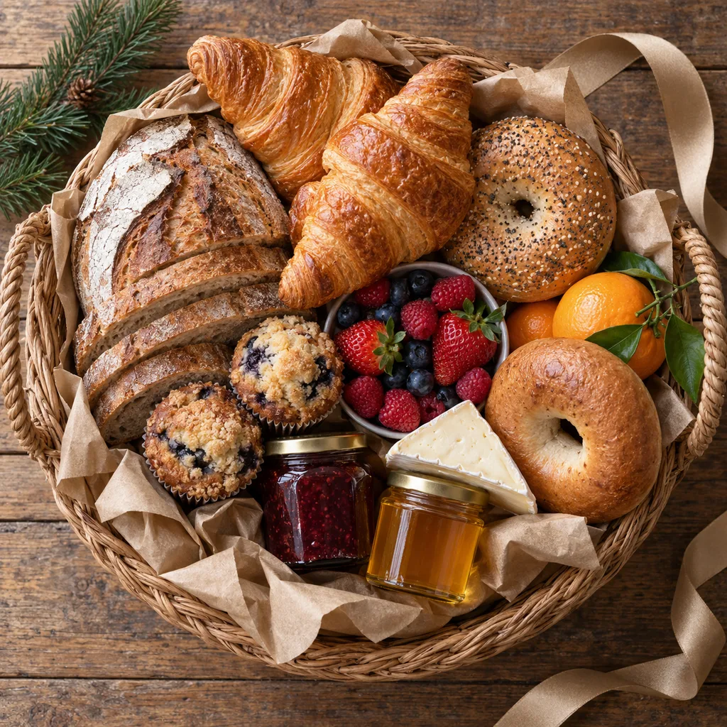 Representative photo-style image of hearty breakfast and brunch basket — generated, not a specific product