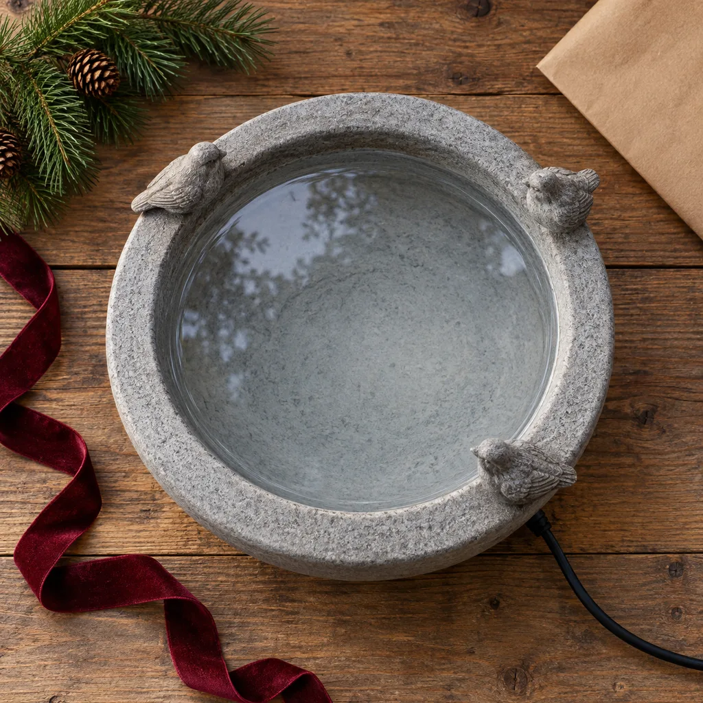 Representative photo-style image of heated bird bath for winter — generated, not a specific product