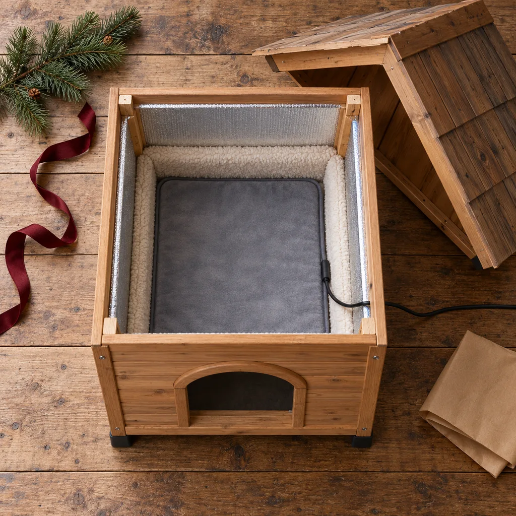 Representative photo-style image of heated dog house — generated, not a specific product
