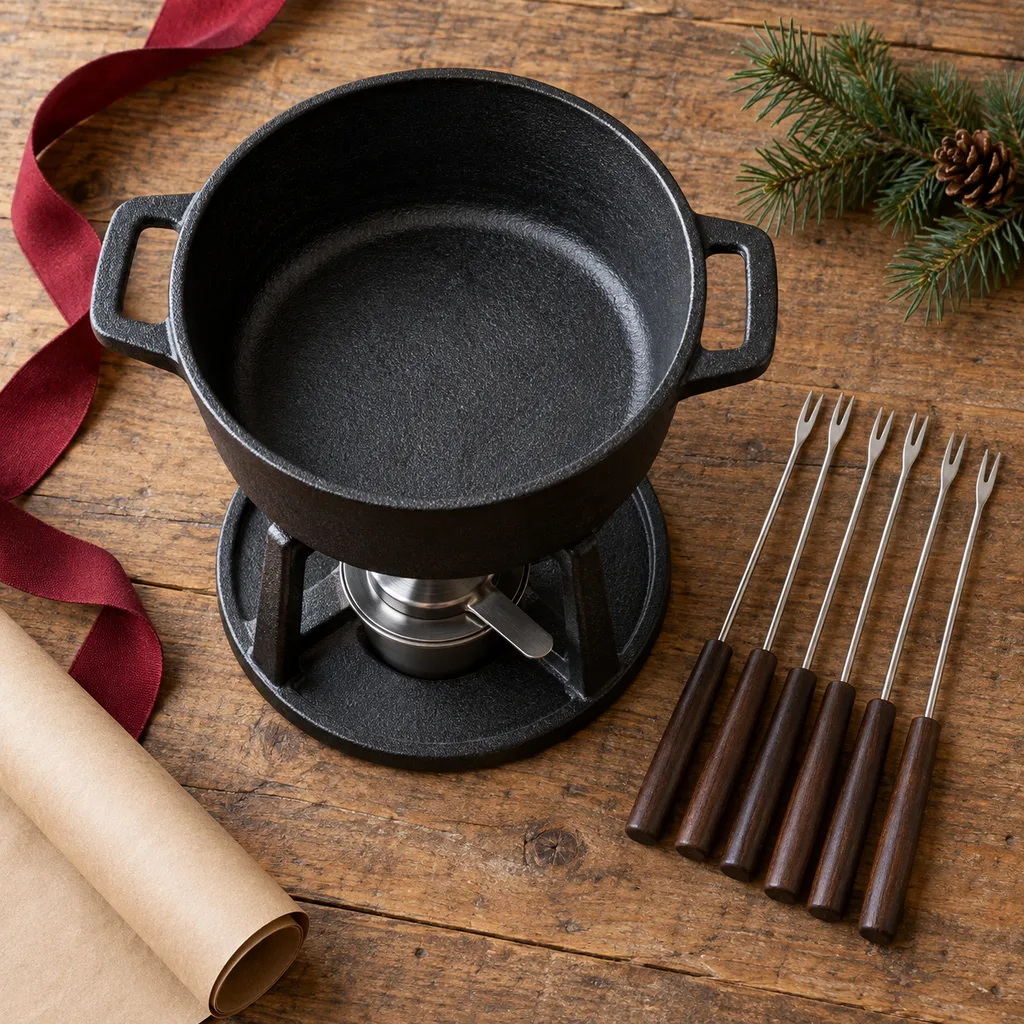 Representative photo-style image of heavy-duty cast iron fondue cooker — generated, not a specific product