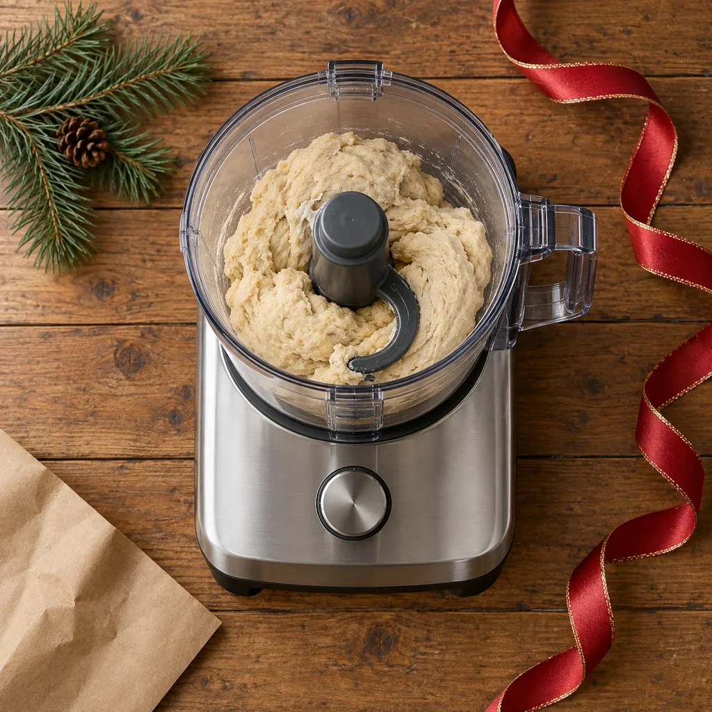 Representative photo-style image of heavy-duty dough food processor — generated, not a specific product