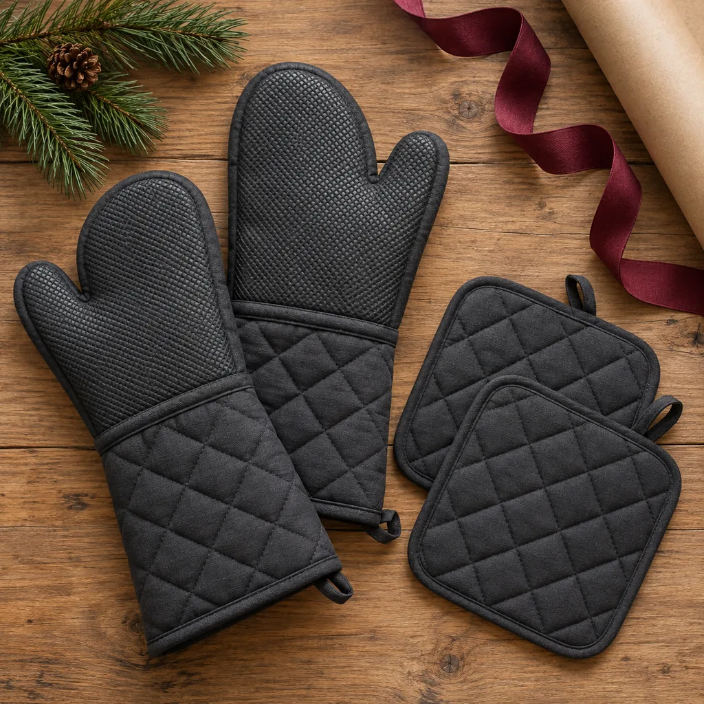 Representative photo-style image of heavy-duty grill mitts — generated, not a specific product