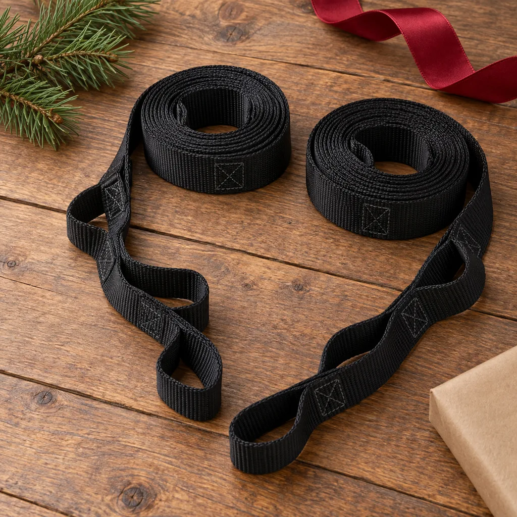 Representative photo-style image of heavy-duty hammock tree straps — generated, not a specific product