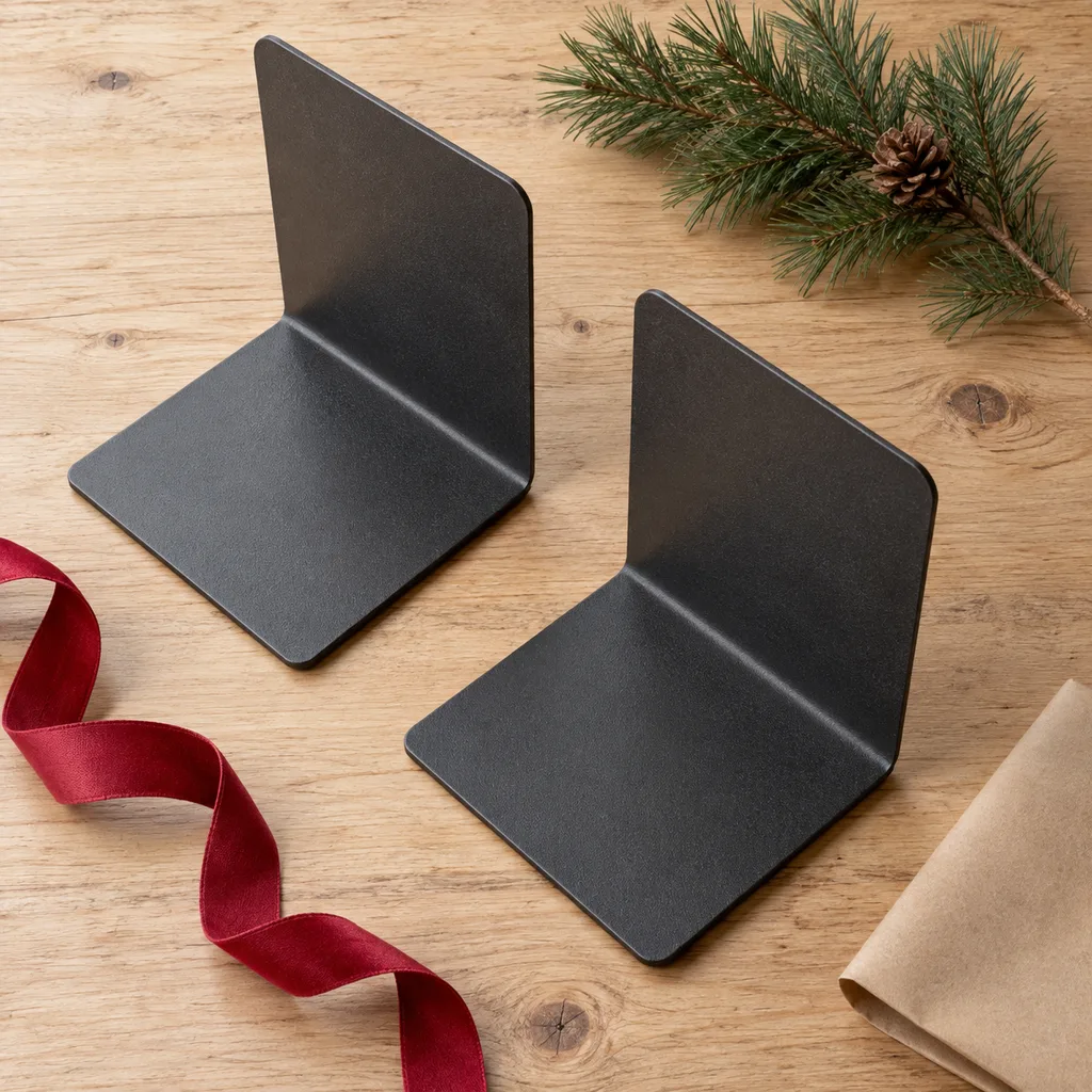 Representative photo-style image of heavy-duty metal bookends — generated, not a specific product