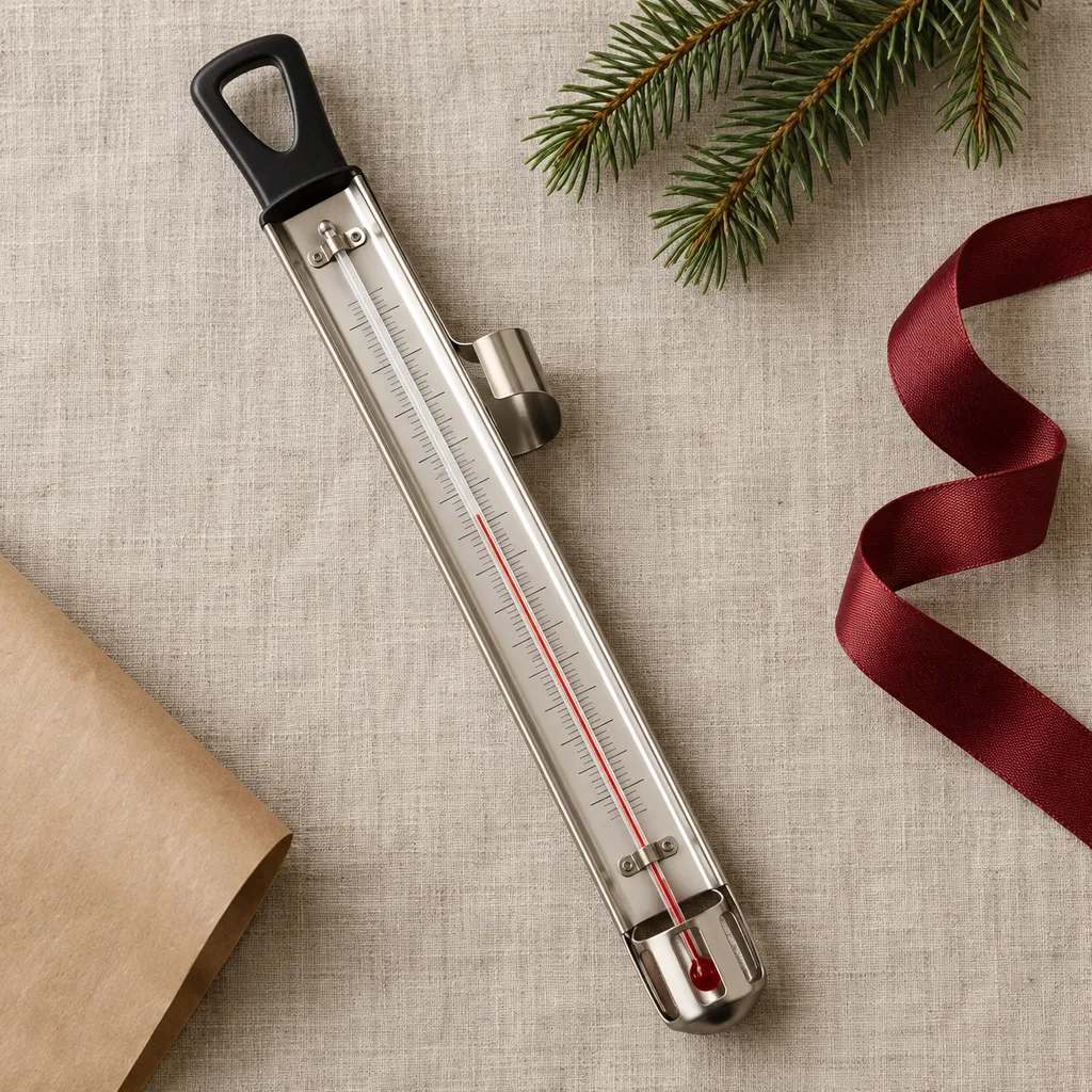 Representative photo-style image of high-heat candy and deep-fry thermometer — generated, not a specific product