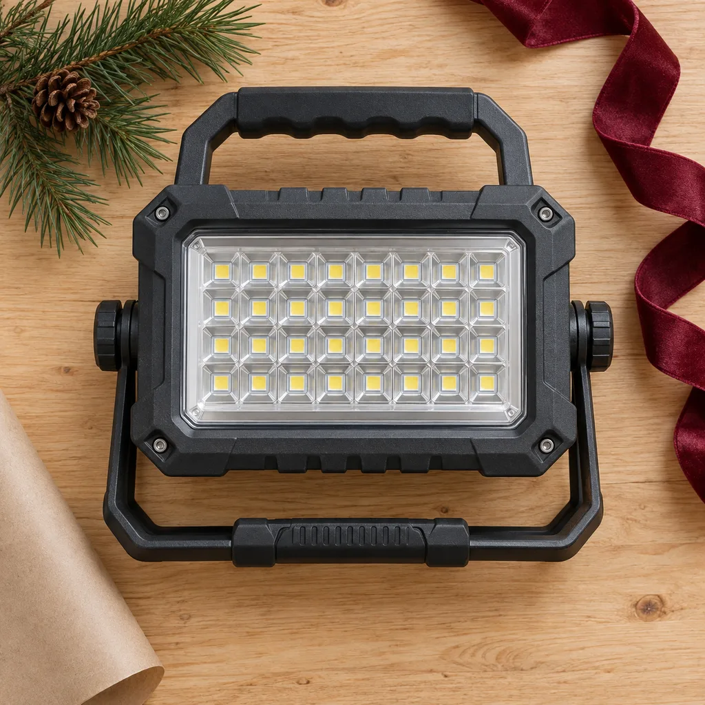 Representative photo-style image of high-output portable camp floodlight — generated, not a specific product
