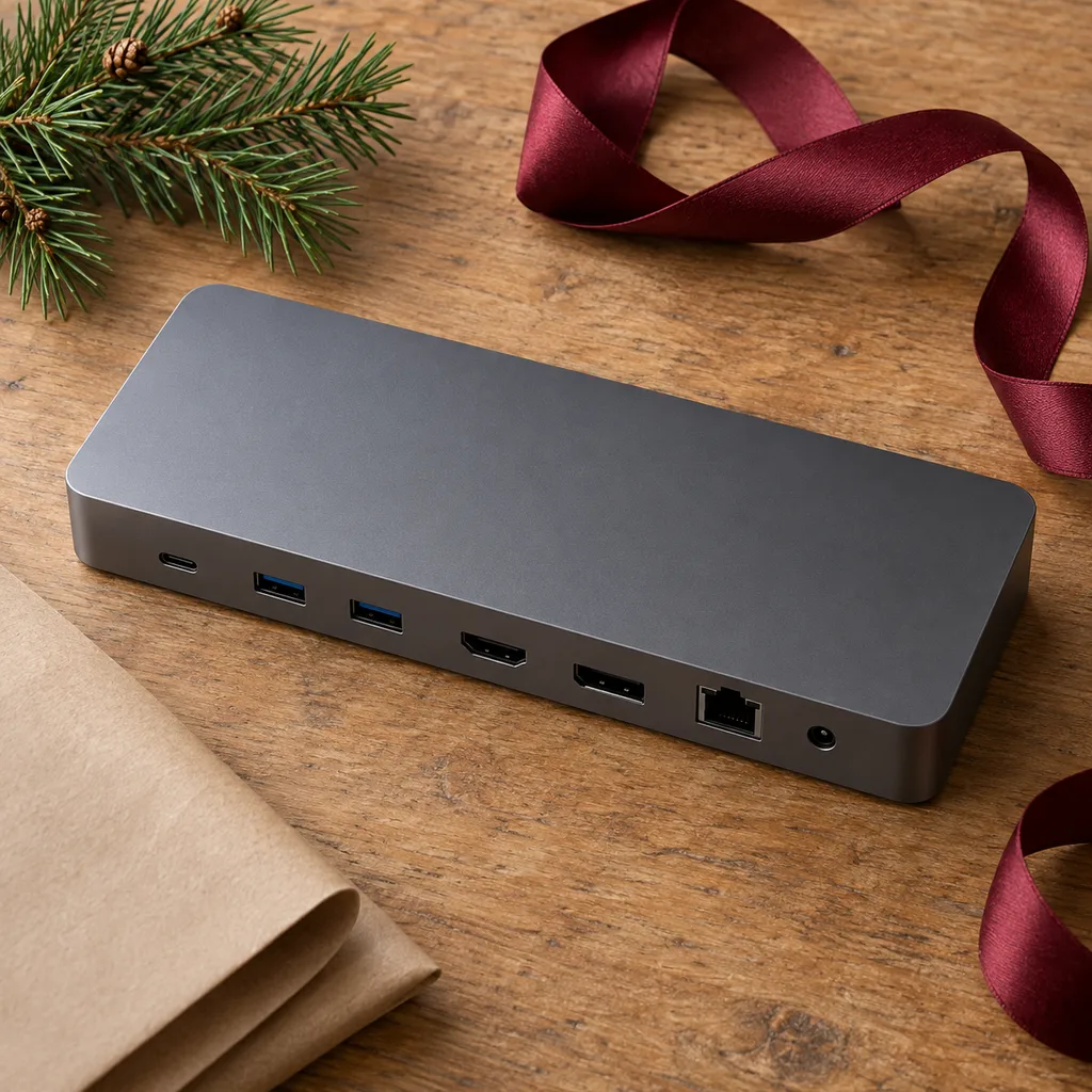Representative photo-style image of high-performance thunderbolt dock — generated, not a specific product