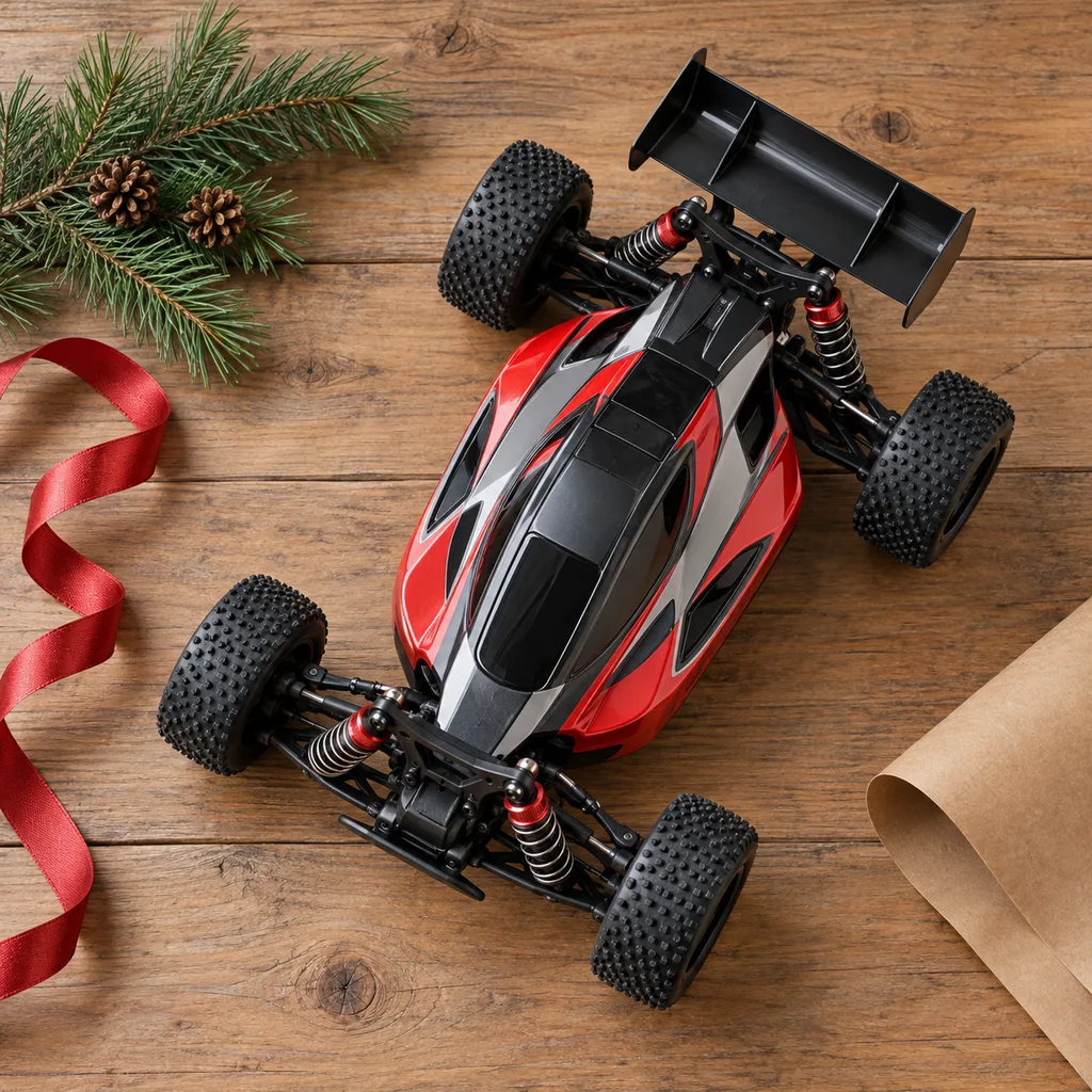 Representative photo-style image of high-speed remote control racing car — generated, not a specific product