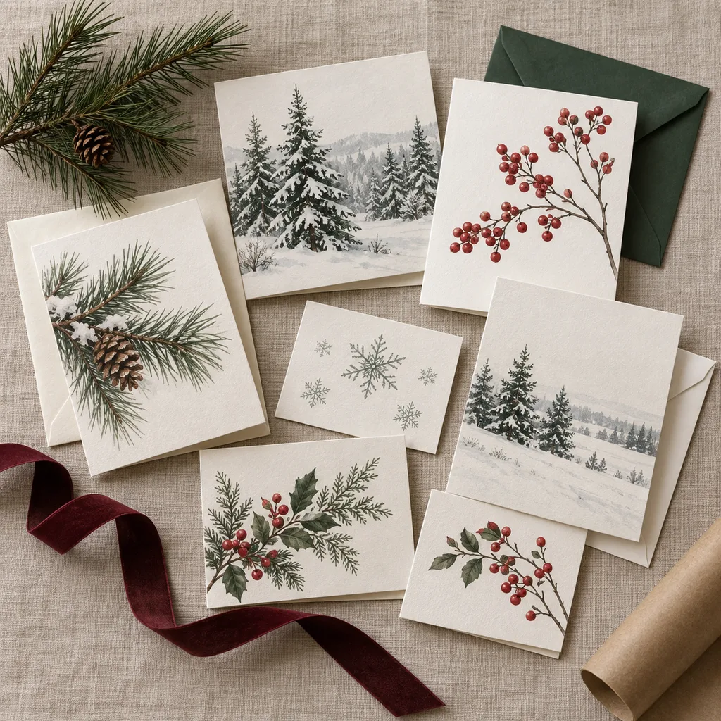 Representative photo-style image of holiday greeting card collection — generated, not a specific product