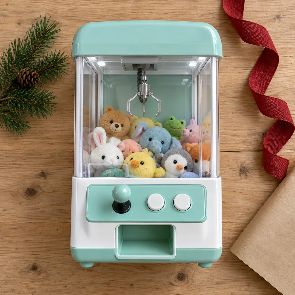 Representative photo-style image of home arcade plush toy grabber — generated, not a specific product