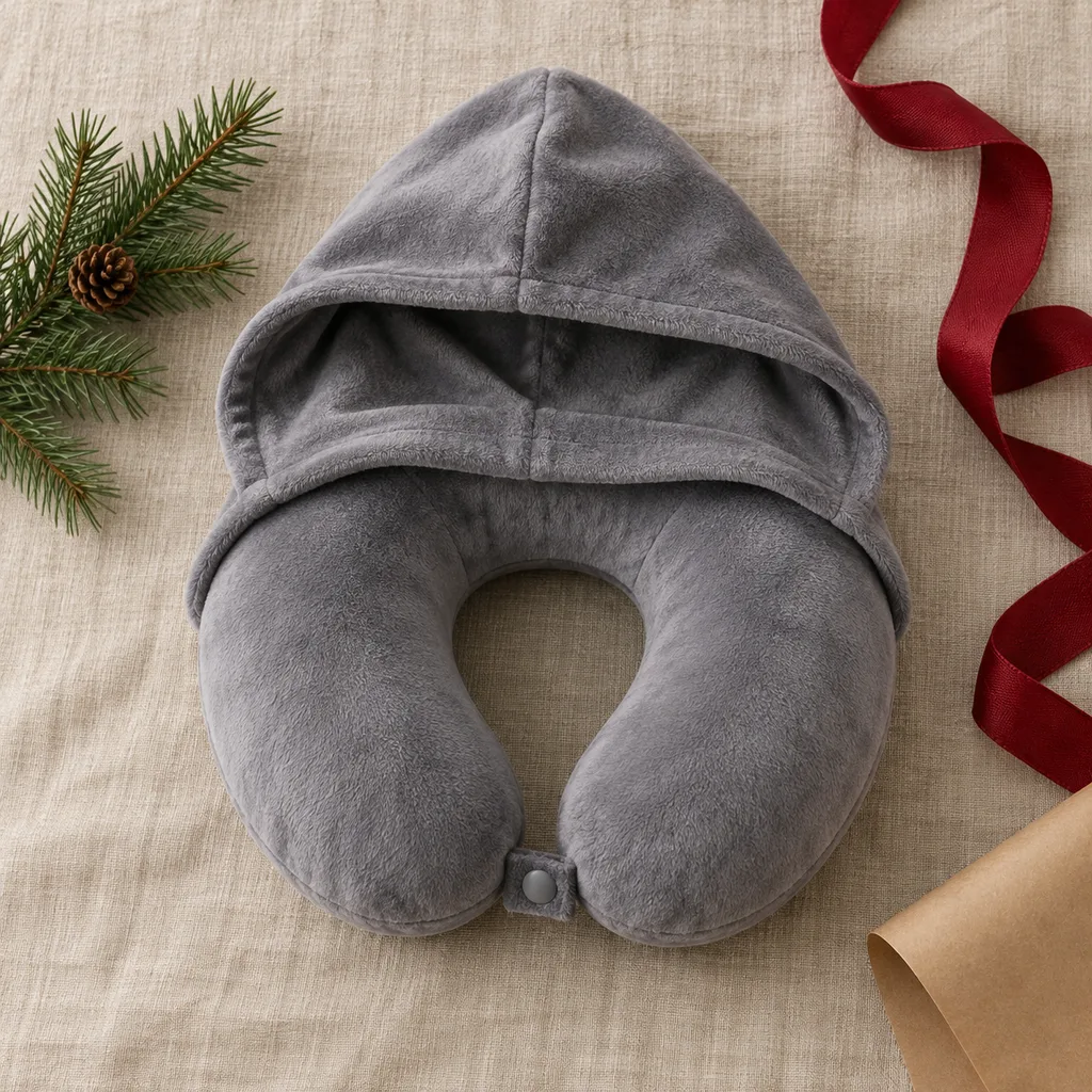 Representative photo-style image of hooded comfort travel pillow — generated, not a specific product