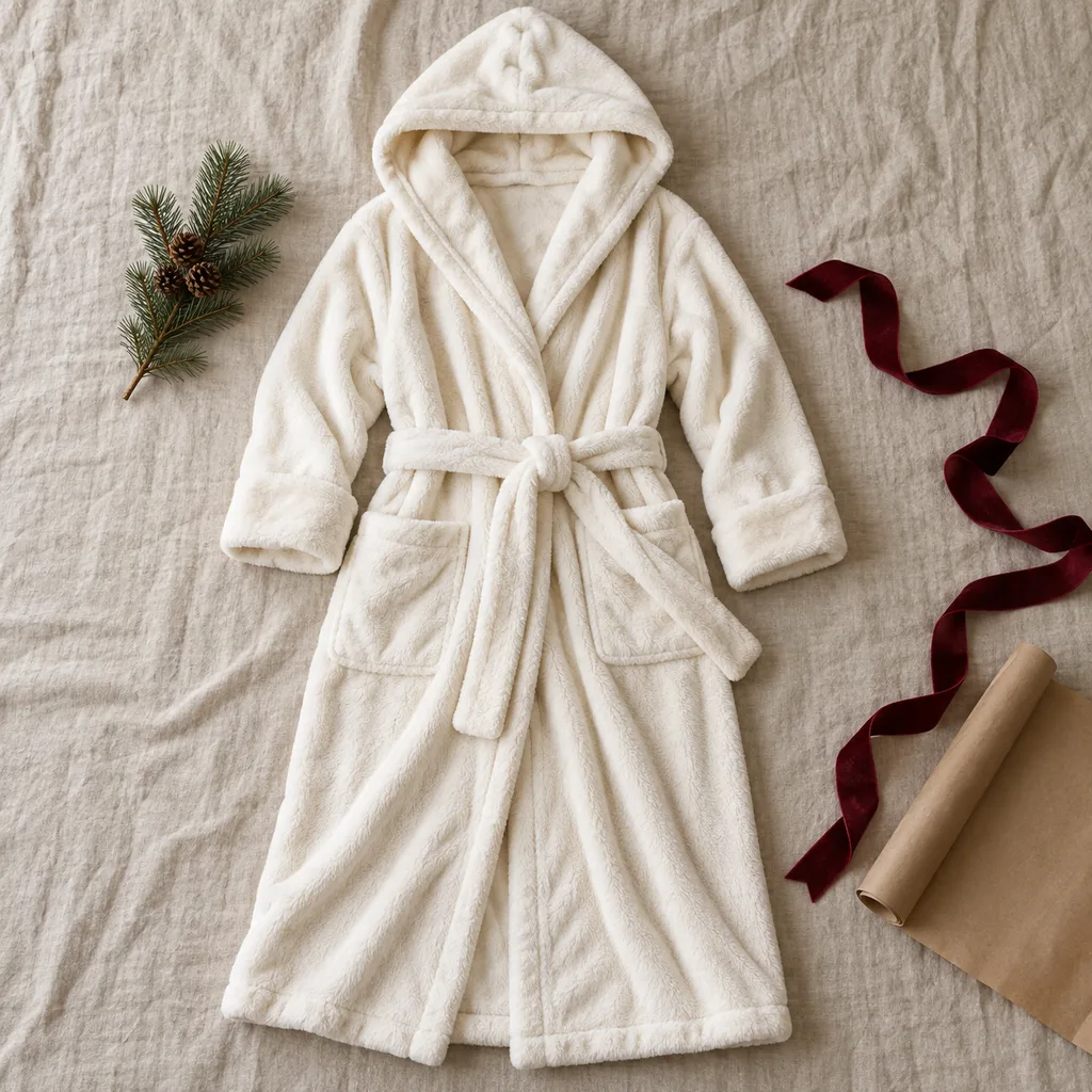 Representative photo-style image of hooded cozy lounging robe — generated, not a specific product