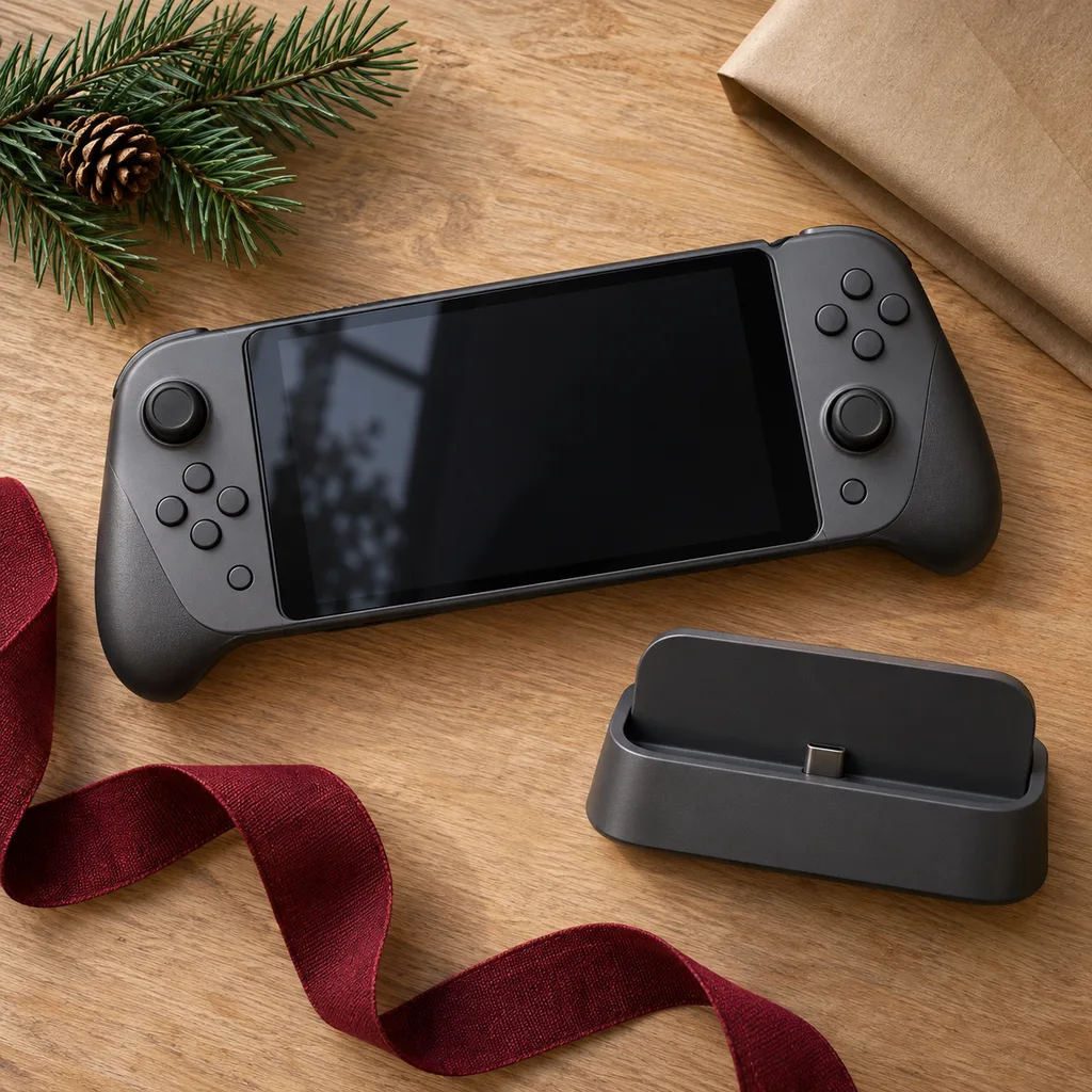 Representative photo-style image of hybrid portable gaming console — generated, not a specific product