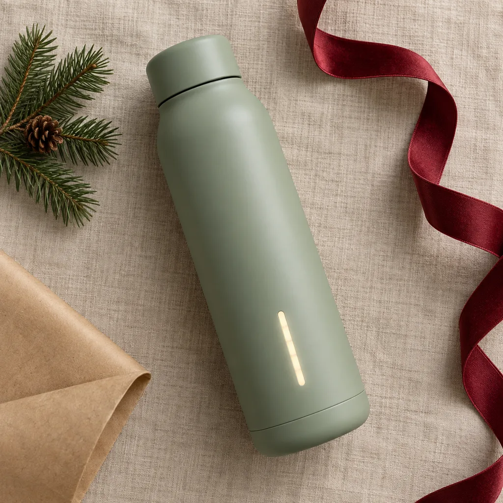 Representative photo-style image of hydration tracking smart bottle — generated, not a specific product