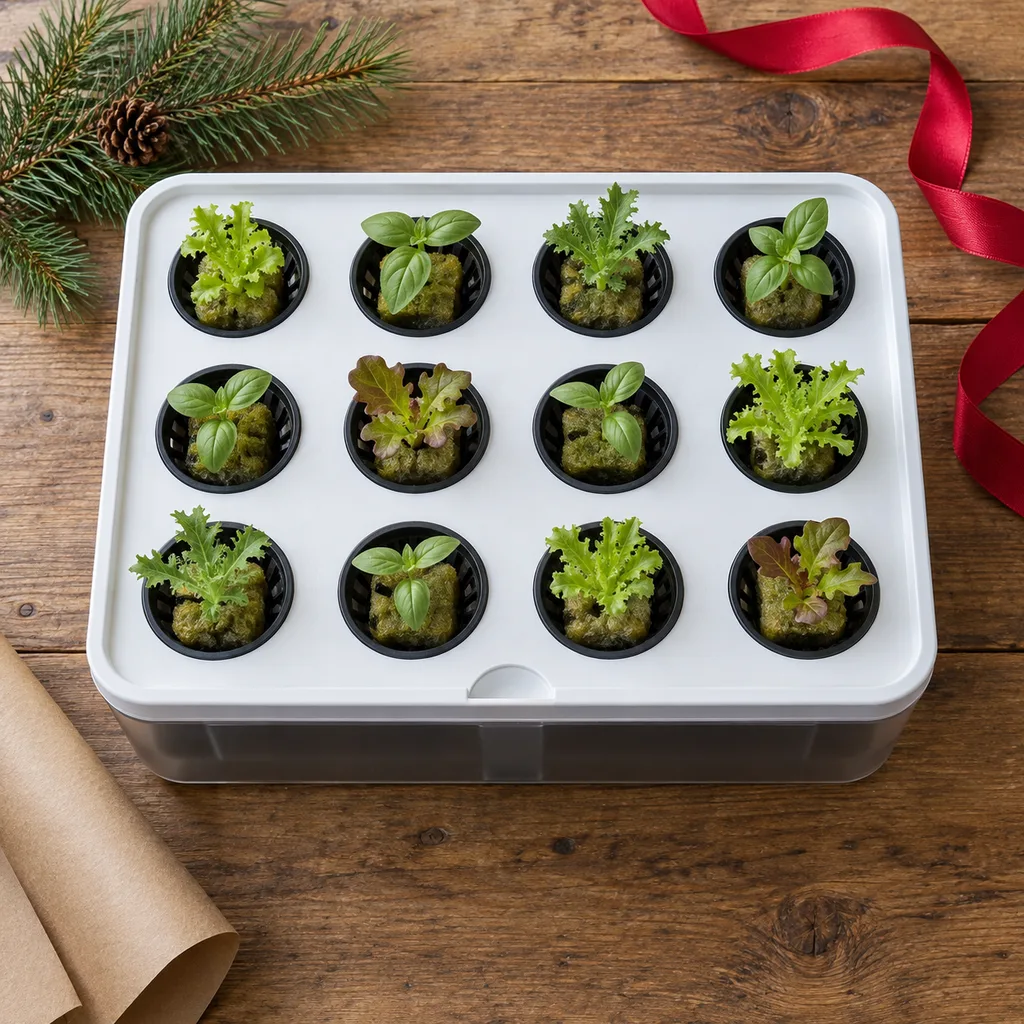 Representative photo-style image of hydroponic seed starting system — generated, not a specific product