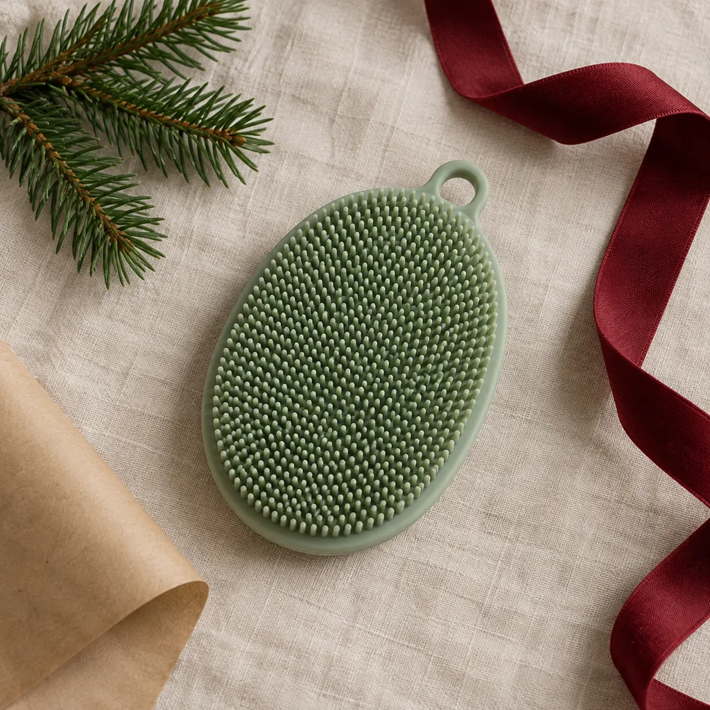 Representative photo-style image of hygienic silicone body scrubber — generated, not a specific product
