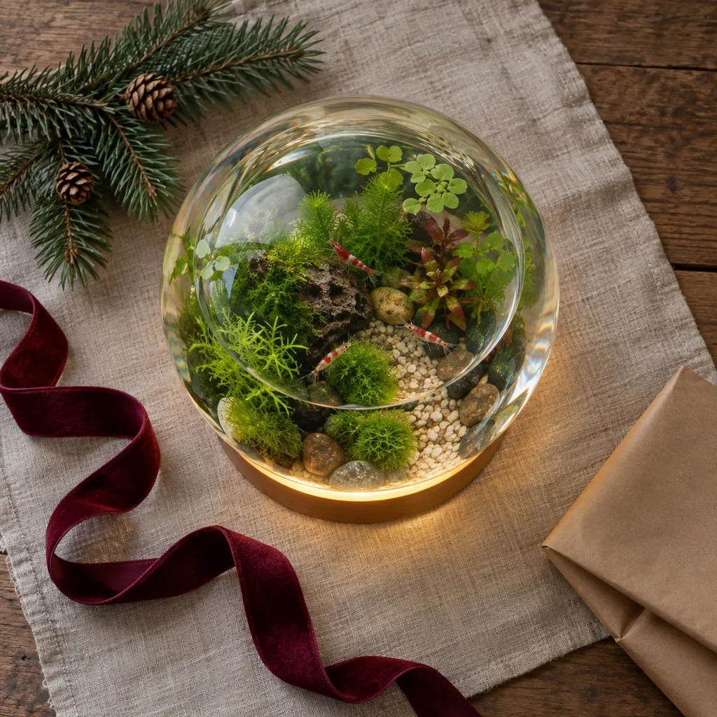 Representative photo-style image of illuminated aquatic ecosphere — generated, not a specific product