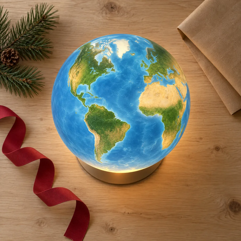 Representative photo-style image of illuminated earth globe lamp — generated, not a specific product