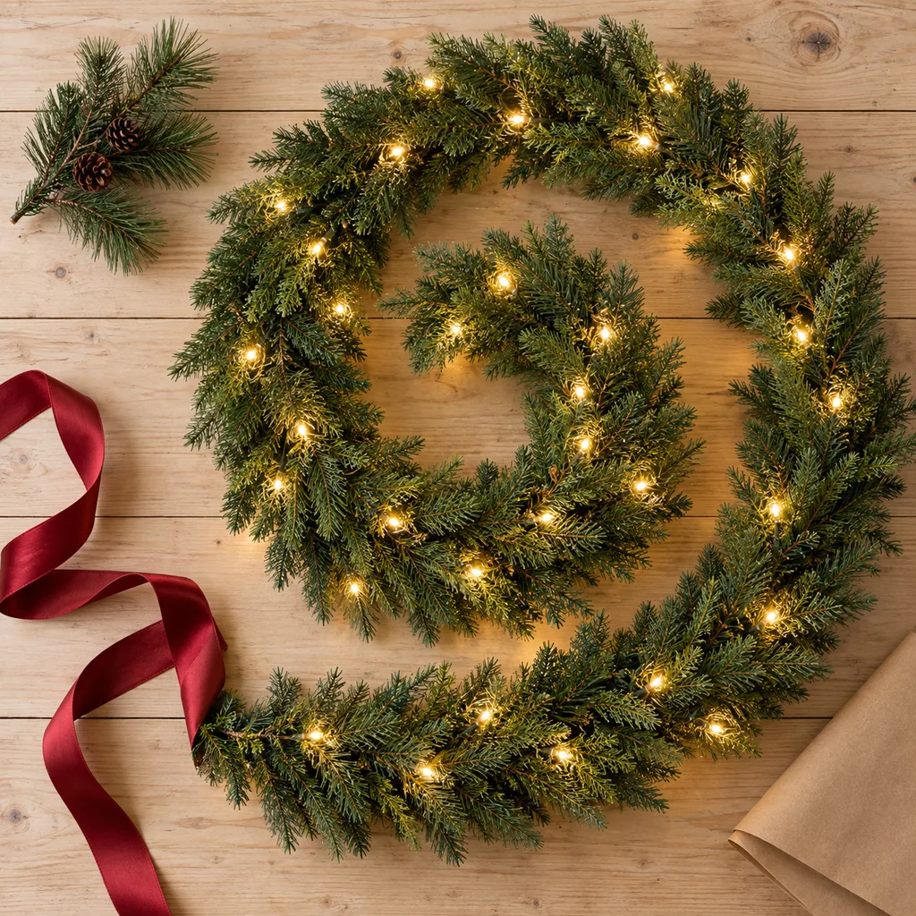 Representative photo-style image of illuminated led christmas garland — generated, not a specific product