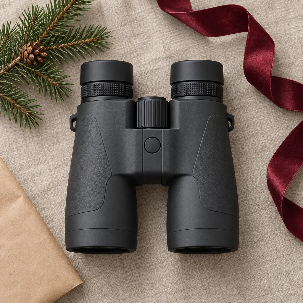 Representative photo-style image of image-stabilized viewing binoculars — generated, not a specific product